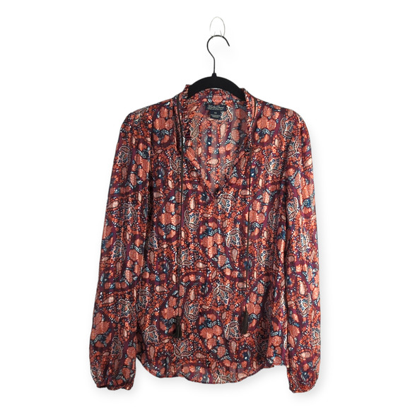 Lucky Brand Women's Sheer Maroon Multicolor Paisley Print Peasant Blouse Size XS - Picture 1 of 6